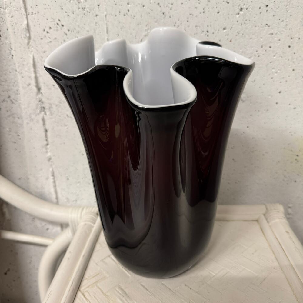 Handkerchief Vase Murano Glass Handmade Blown Glass Dark Brown White Vintage